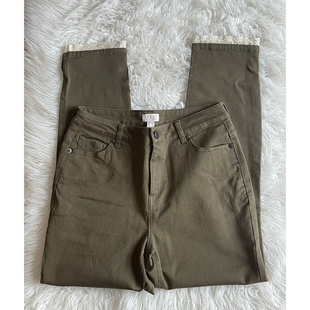 Logo By Lori Goldstein Size 4 Straight Jeans Brown Cream Lace Hem Work